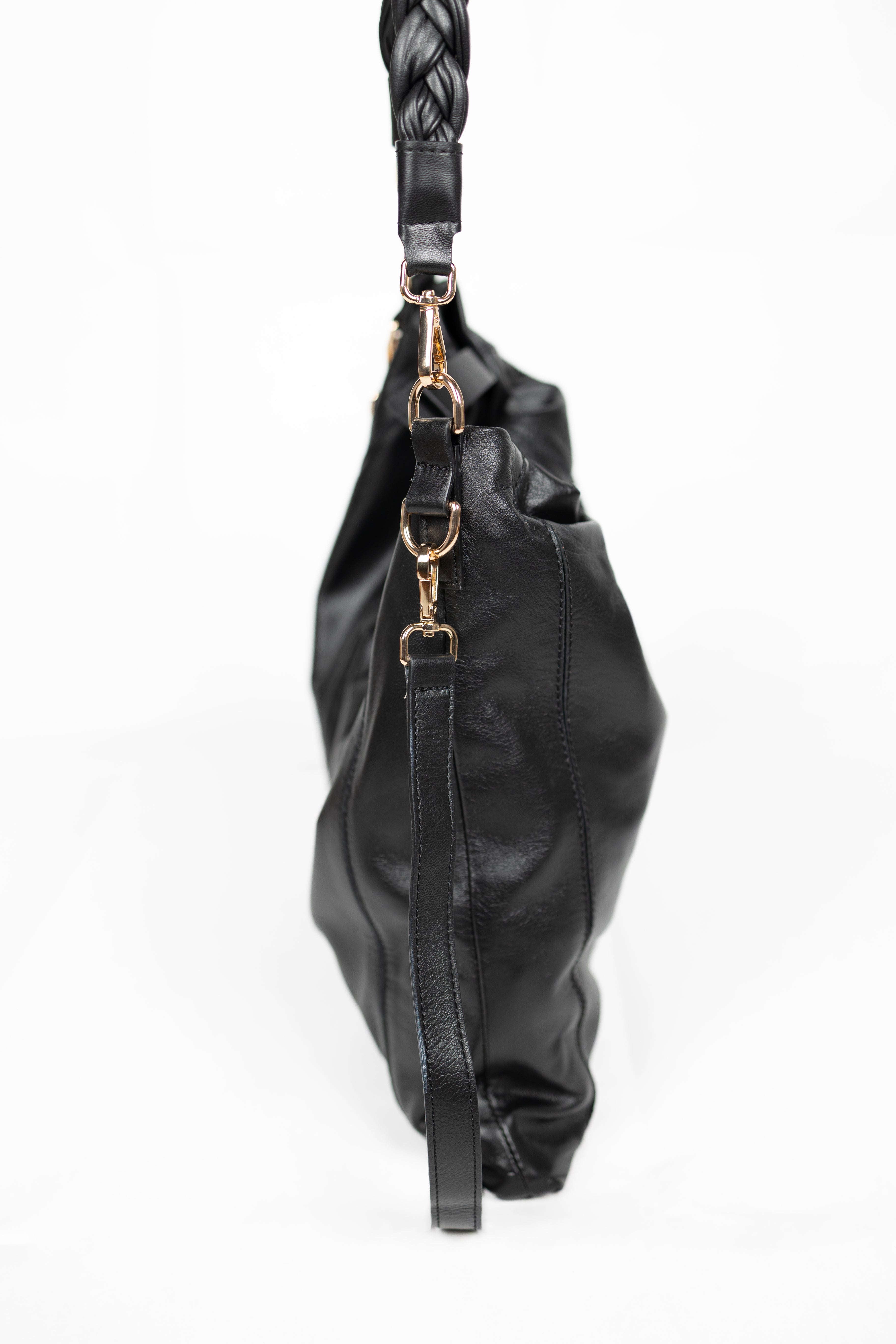 Lingua d’Oca Viola Borsa in Pelle Liscia Nappa Capretto con Manico Intrecciato 44x40x4 cm