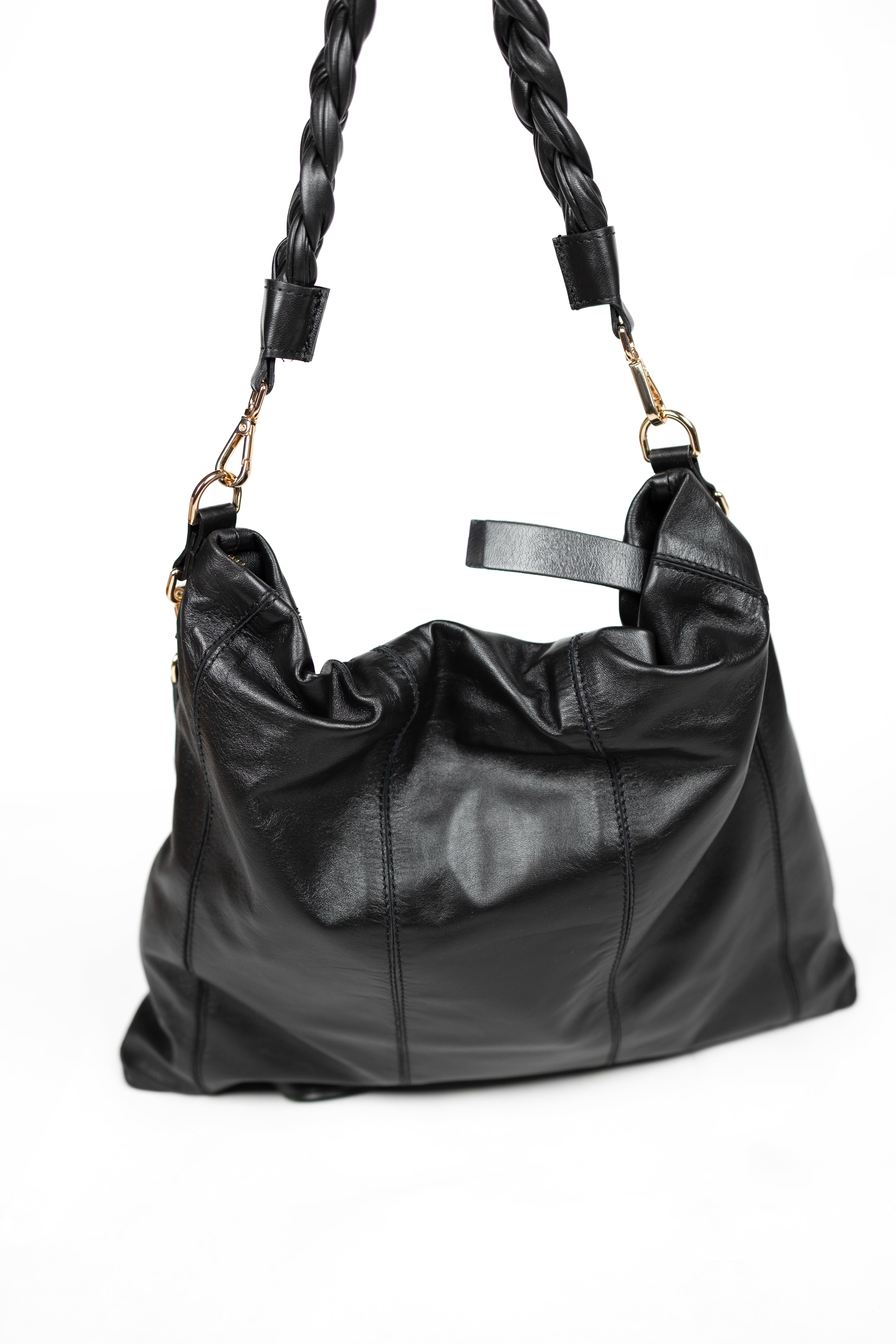 Lingua d’Oca Viola Borsa in Pelle Liscia Nappa Capretto con Manico Intrecciato 44x40x4 cm