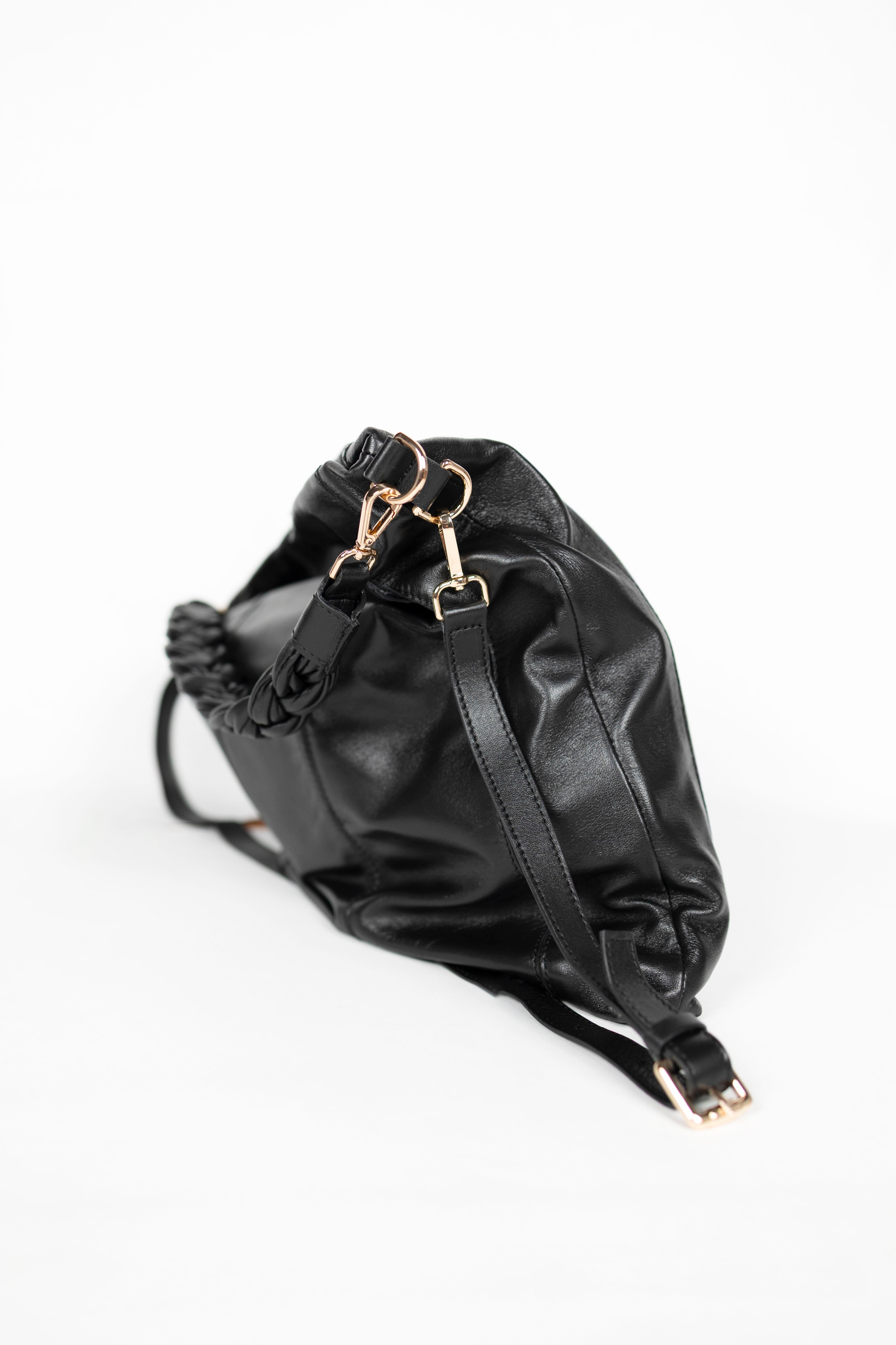 Lingua d’Oca Viola Borsa in Pelle Liscia Nappa Capretto con Manico Intrecciato 44x40x4 cm