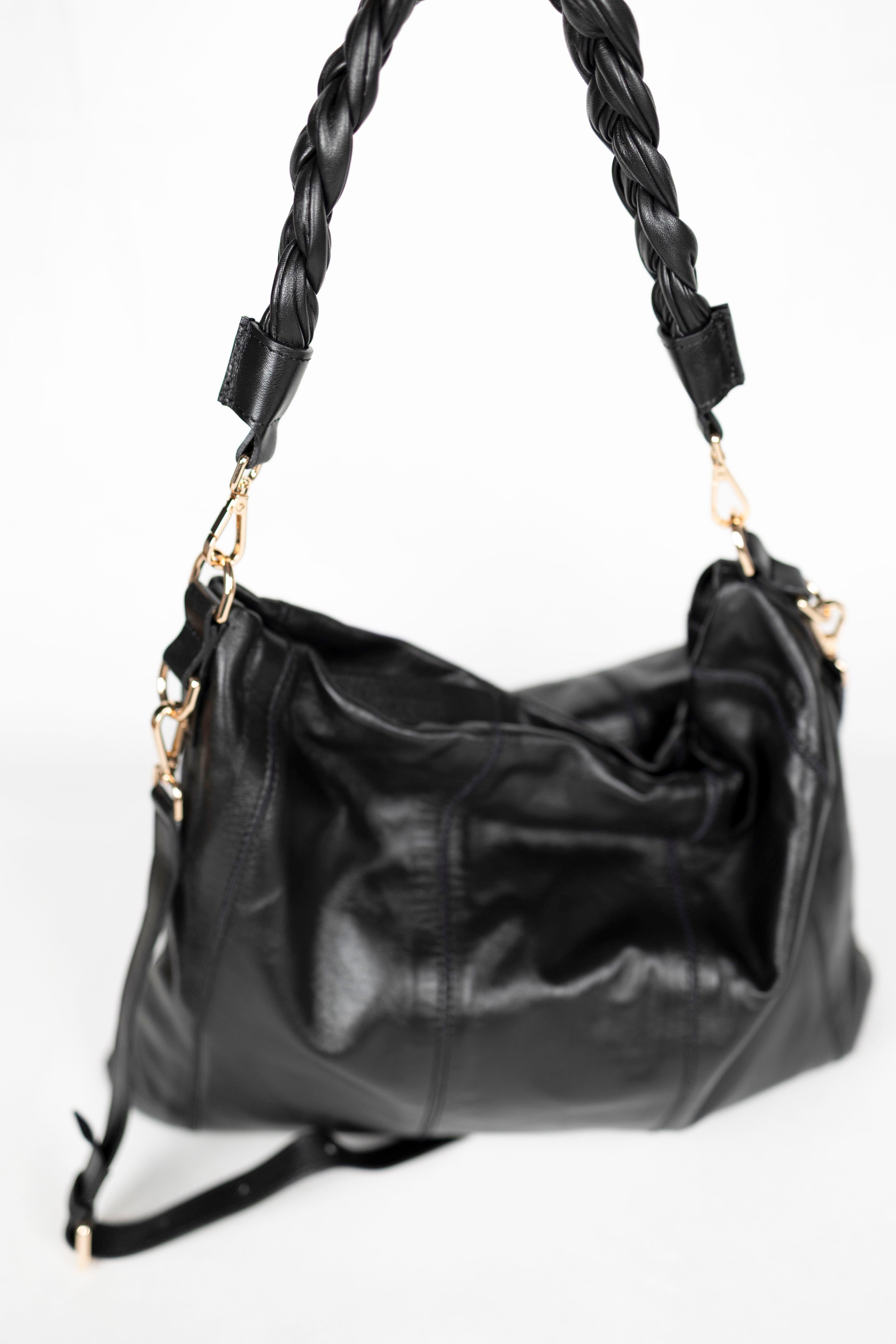 Lingua d’Oca Viola Borsa in Pelle Liscia Nappa Capretto con Manico Intrecciato 44x40x4 cm