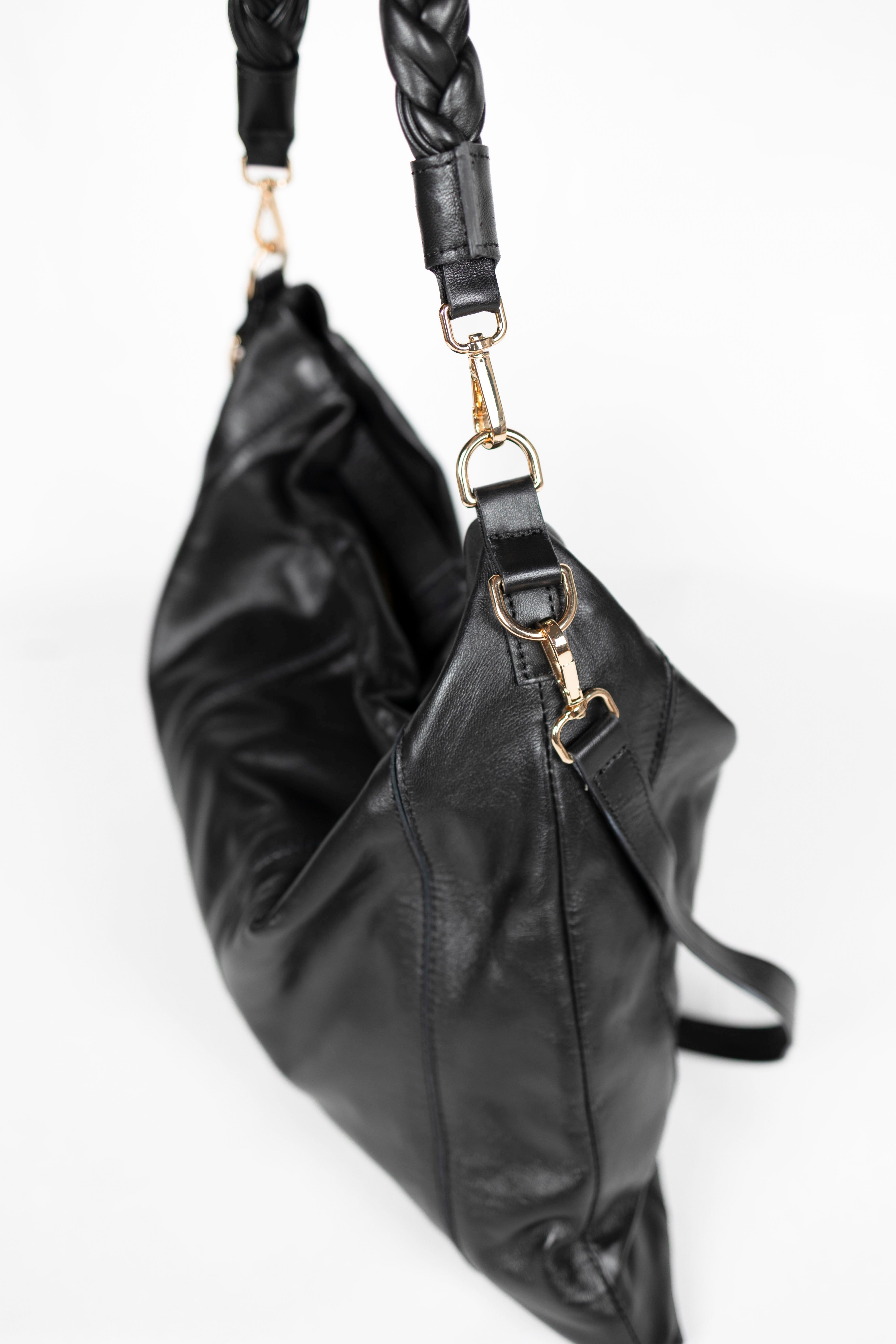 Lingua d’Oca Viola Borsa in Pelle Liscia Nappa Capretto con Manico Intrecciato 44x40x4 cm