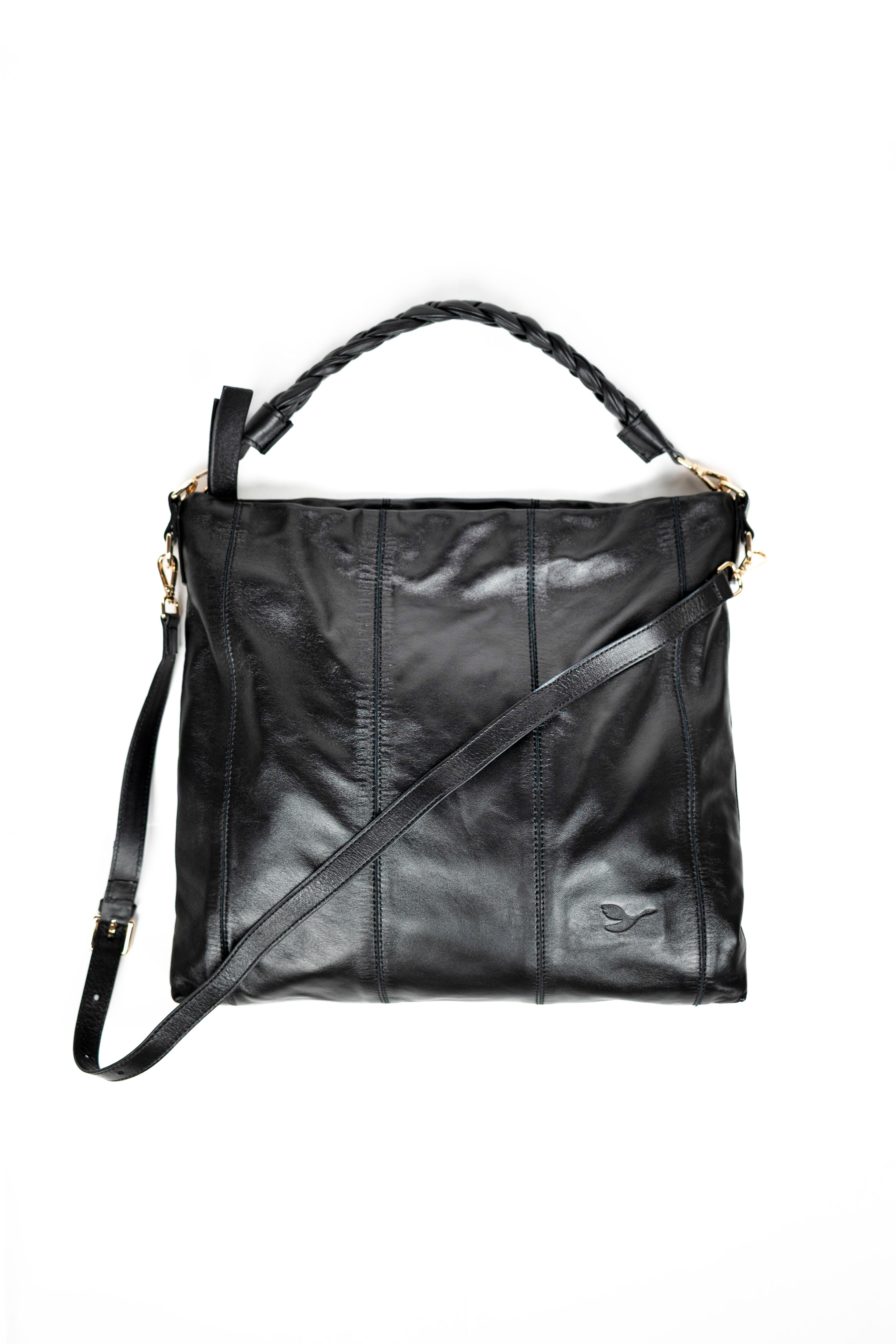 Lingua d’Oca Viola Borsa in Pelle Liscia Nappa Capretto con Manico Intrecciato 44x40x4 cm