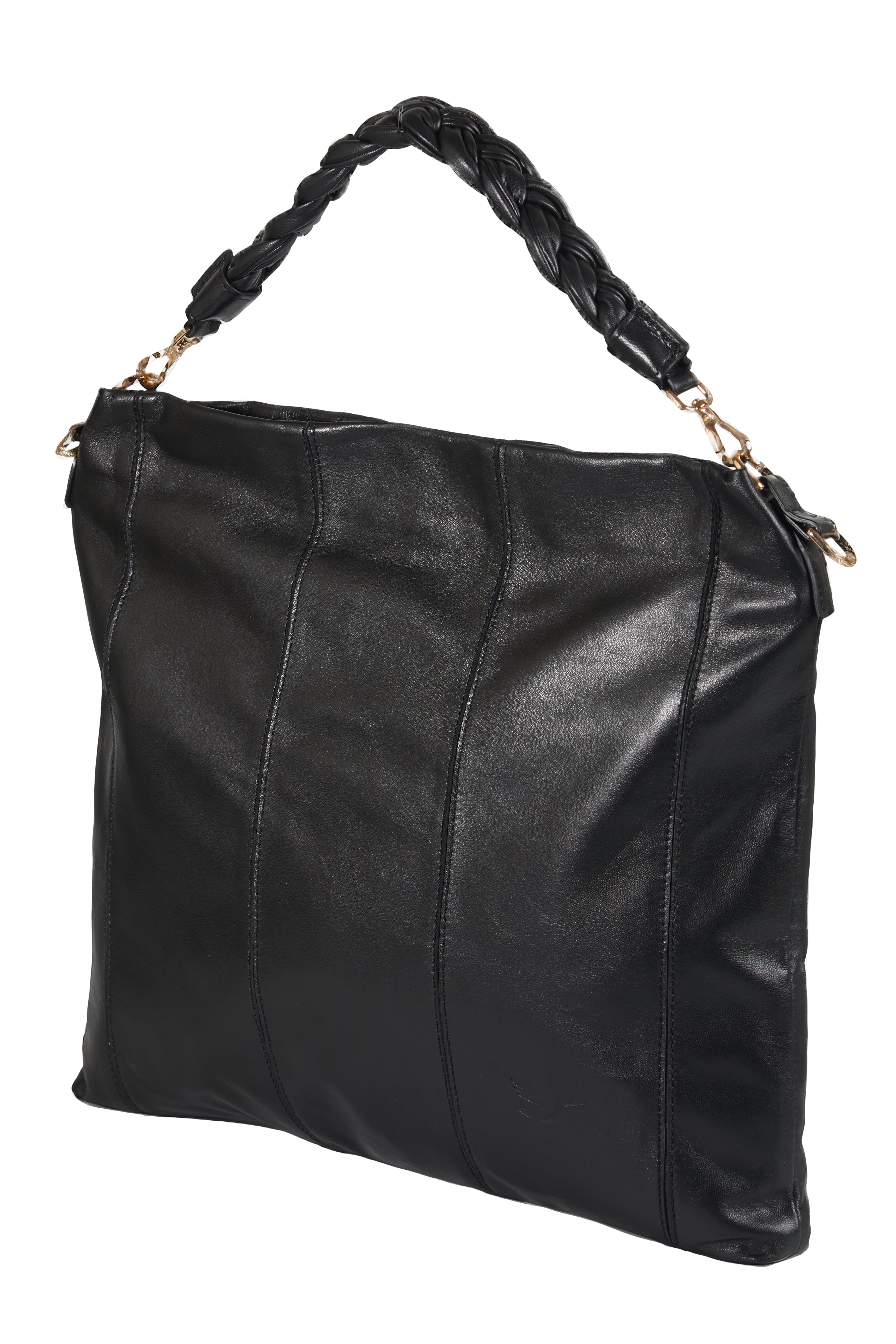 Lingua d’Oca Viola Borsa in Pelle Liscia Nappa Capretto con Manico Intrecciato 44x40x4 cm